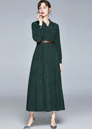 Fashion Army Green Notched Sashes Patchwork Corduroy Long Dresses Fall