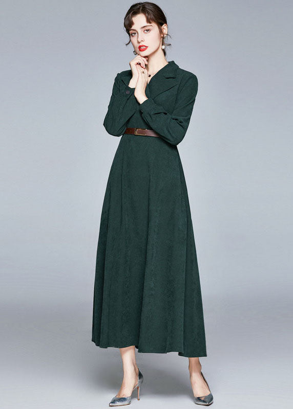 Fashion Army Green Notched Sashes Patchwork Corduroy Long Dresses Fall