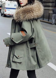 Fashion Army Green Zip Up Fur Collar cotton Puffer Parka Jacket Winter