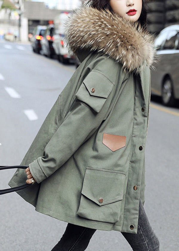 Fashion Army Green Zip Up Fur Collar cotton Puffer Parka Jacket Winter