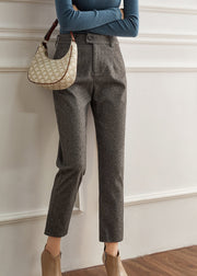 Fashion Beige Button Pockets Zippered Woolen Straight Pants Fall