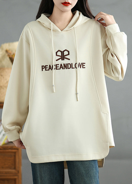 Fashion Beige Embroidered Graphic Cotton Sweatshirts Top Spring