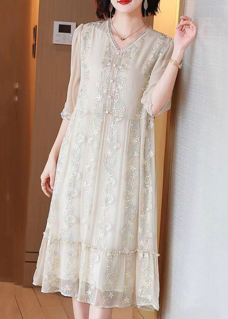 Fashion Beige Embroidered Lace Ruffled Silk Dresses Half Sleeve