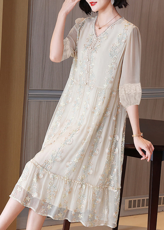 Fashion Beige Embroidered Lace Ruffled Silk Dresses Half Sleeve