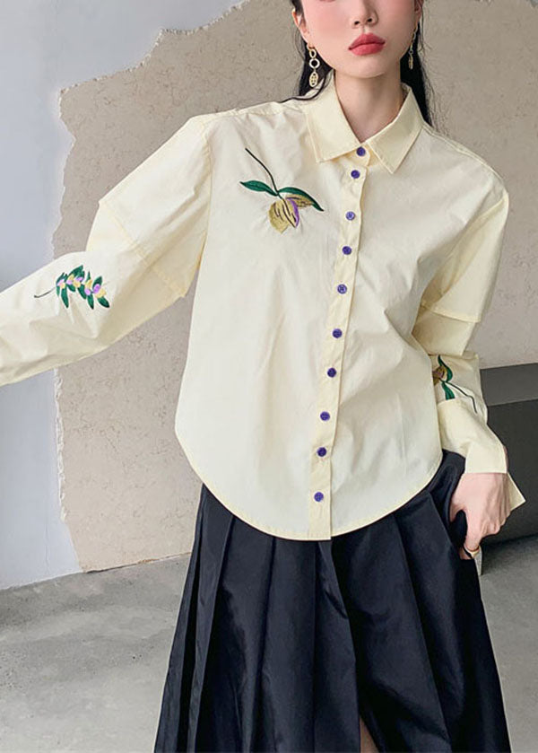 Fashion Beige Embroideried Patchwork Cotton Shirt Top Spring