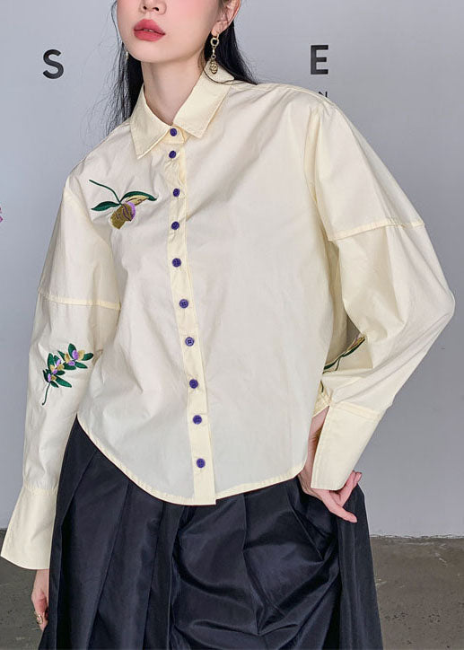 Fashion Beige Embroideried Patchwork Cotton Shirt Top Spring