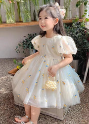 Fashion Beige Embroideried Wrinkled Patchwork Tulle Kids Girls Dress Summer