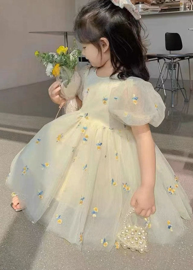 Fashion Beige Embroidered Wrinkled Patchwork Tulle Kids Girls Dress Summer