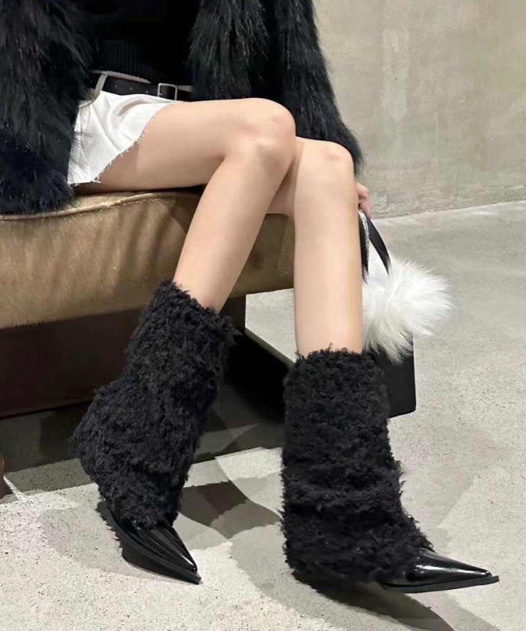 Fashion Beige Fuzzy Fur Splicing Heels Boots Pointed Toe