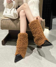 Fashion Beige Fuzzy Fur Splicing Heels Boots Pointed Toe