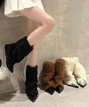 Fashion Beige Fuzzy Fur Splicing Heels Boots Pointed Toe