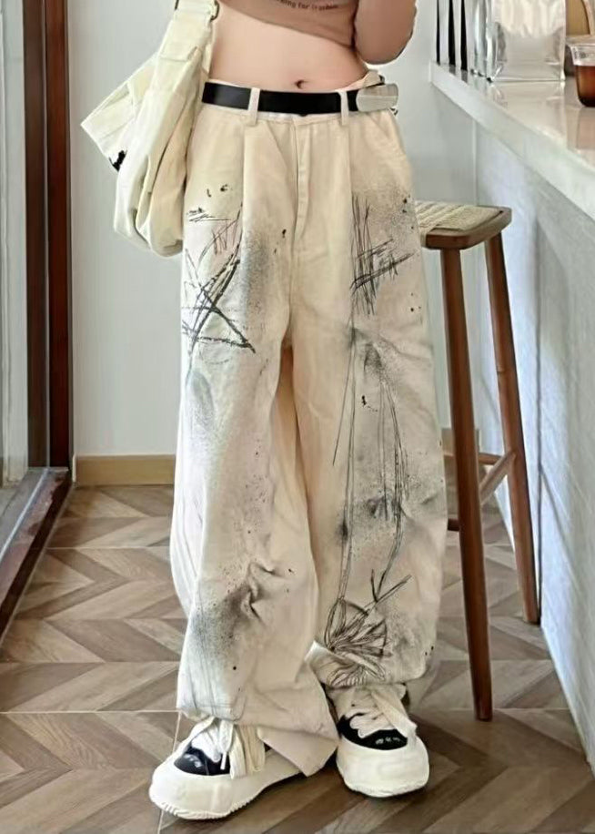 Fashion Beige High Waist Pockets Tie Dye Denim Straight Pants Fall