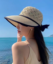 Fashion Beige Hollow Breathable Sun Hat Bow Large Brim