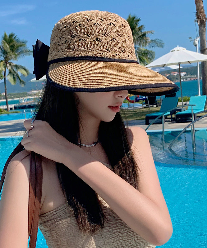 Fashion Beige Hollow Breathable Sun Hat Bow Large Brim