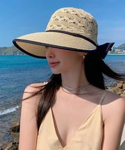 Fashion Beige Hollow Breathable Sun Hat Bow Large Brim