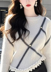 Fashion Beige O Neck Patchwork Knit Sweaters Flare Sleeve