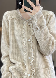 Fashion Beige O-Neck Patchwork Wool Blended Coats Long Sleeve