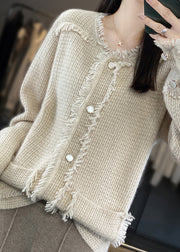 Fashion Beige O-Neck Patchwork Wool Blended Coats Long Sleeve