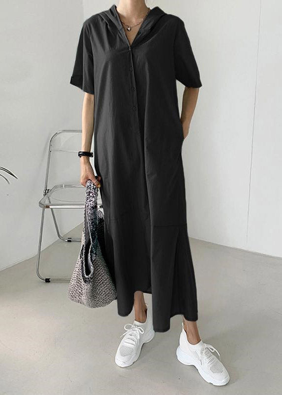 Fashion Beige Patchwork Button Hoded Long Shirt Dress Short Sleeve