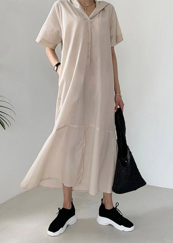 Fashion Beige Patchwork Button Hoded Long Shirt Dress Short Sleeve