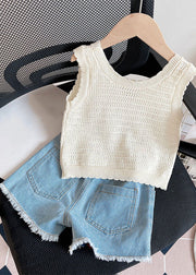 Fashion Beige Print Knit Girls Vest And Shorts Two Pieces Set Summer