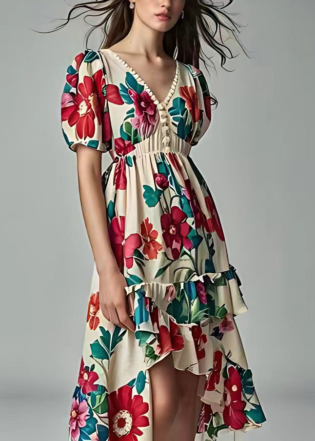 Fashion Beige Print Low High Design Cotton Dress Summer