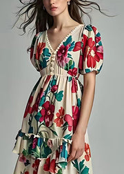 Fashion Beige Print Low High Design Cotton Dress Summer