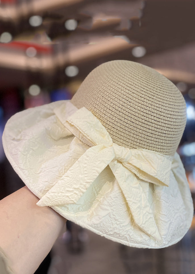 Fashion Beige Straw Woven Patchwork Floppy Sun Hat