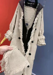 Fashion Beige Tasseled Patchwork Knit Hooded Coat Fall