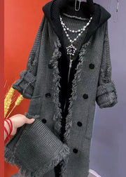 Fashion Beige Tasseled Patchwork Knit Hooded Coat Fall