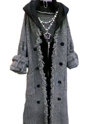 Fashion Beige Tasseled Patchwork Knit Hooded Coat Fall