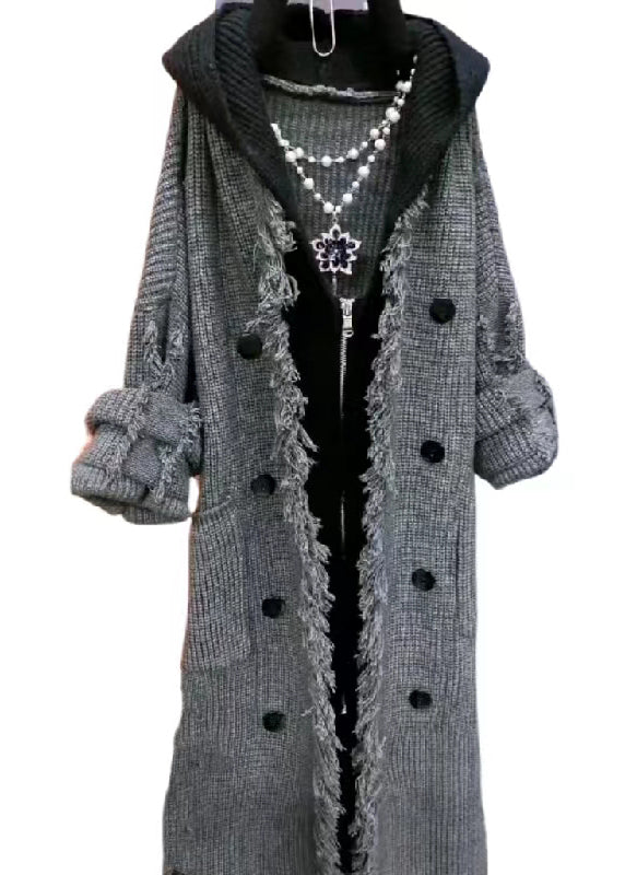 Fashion Beige Tasseled Patchwork Knit Hooded Coat Spring