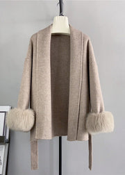 Fashion Beige Tie Waist Fox Patchwork Woolen Coats Winter