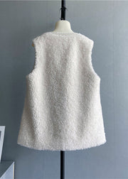 Fashion Beige V Neck Pockets Button Wool Vest Sleeveless