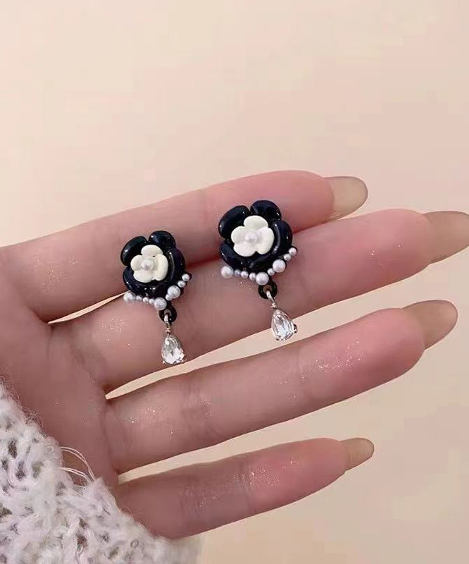 Fashion Black Alloy Pearl Crystal Floral Tassel Drop Earrings