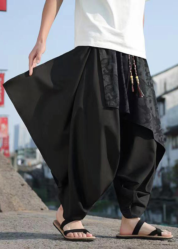Fashion Black Asymmetrical Jacquard Patchwork Ice Silk Men Harem Pants Summer