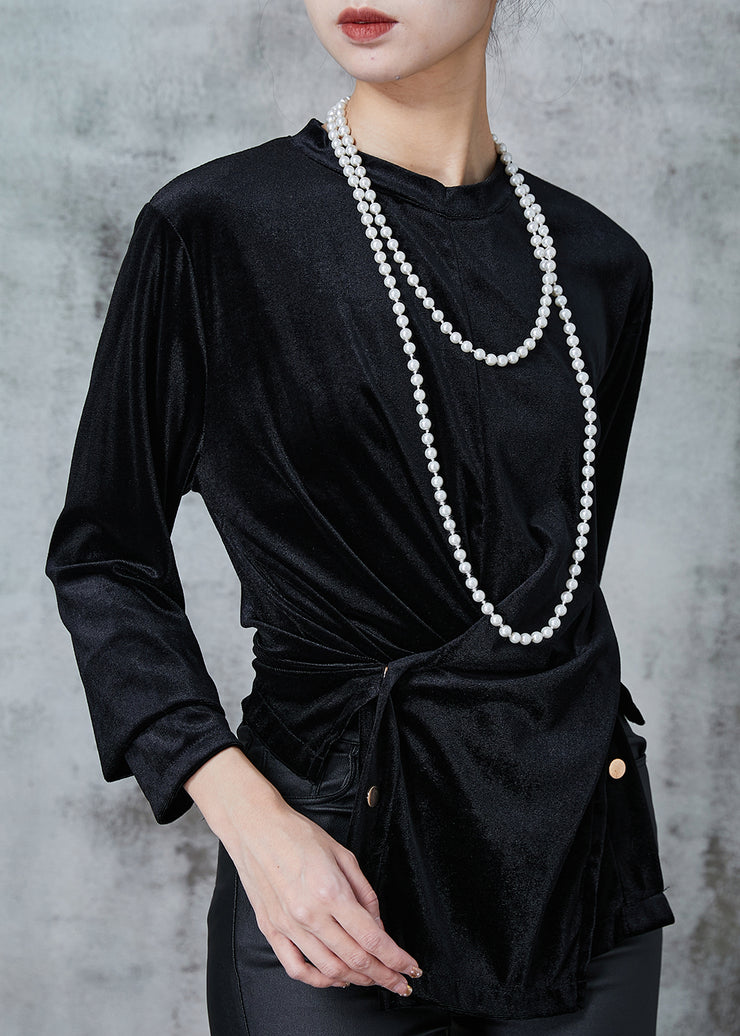 Fashion Black Asymmetrical Silm Fit Silk Velour Shirts Spring