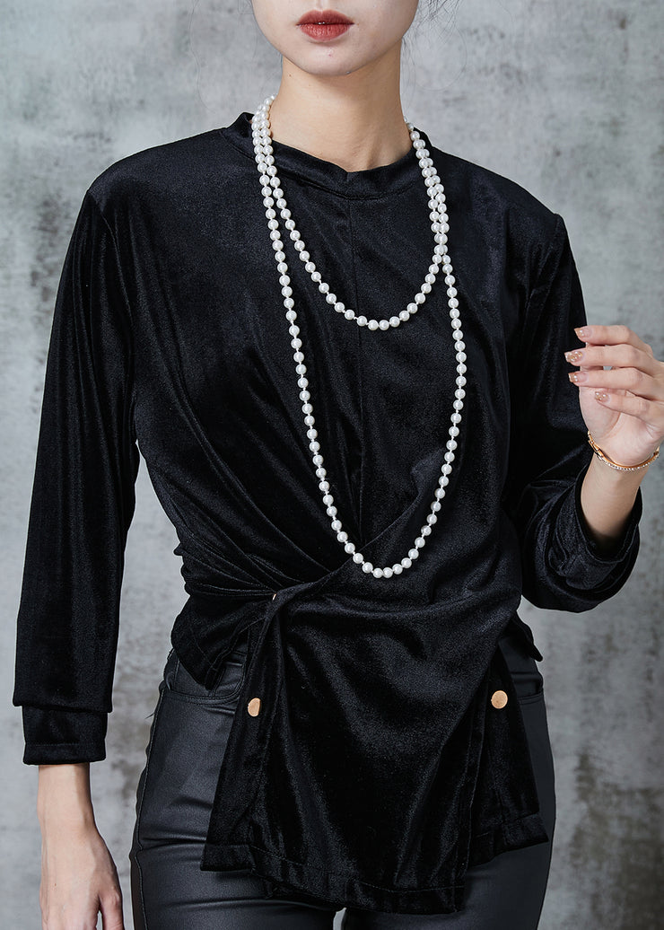 Fashion Black Asymmetrical Silm Fit Silk Velour Shirts Spring