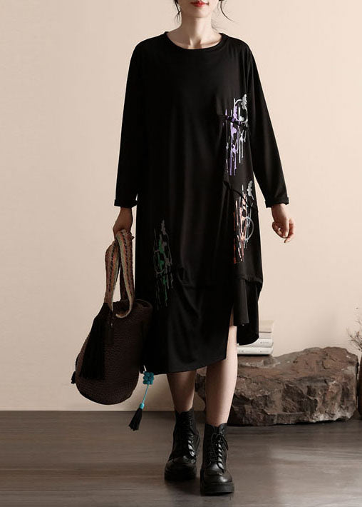 Fashion Black Asymmetrical Wrinkled Patchwork Cotton Dresses Spring