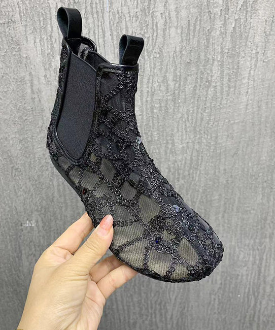 Fashion Black Boots Splicing Sequins Hollow Out Breathable Mesh