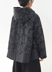 Fashion Black Button Patchwork Print Pockets Hooded Parka Long Sleeve