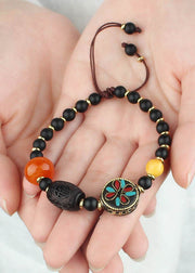 Fashion Black Coloured Glaze Pearl Beeswax Sandalwood Clover Charm Bracelet