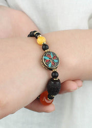 Fashion Black Coloured Glaze Pearl Beeswax Sandalwood Clover Charm Bracelet