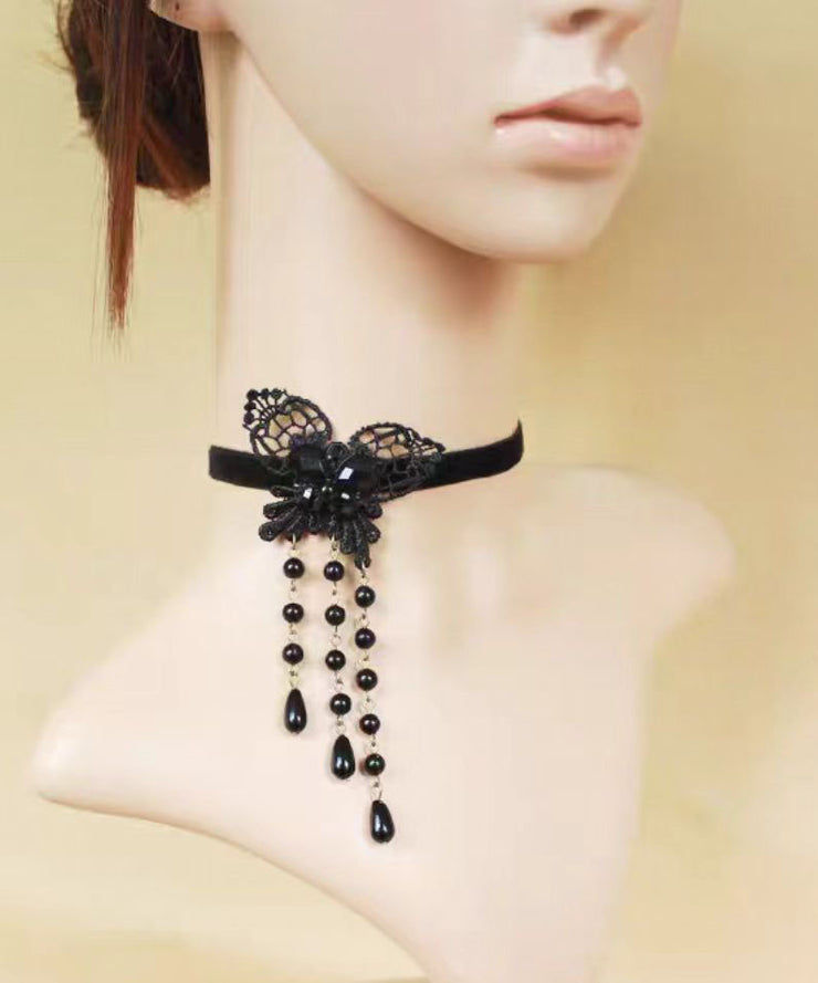 Fashion Black Copper Alloy Lace Butterfly Pearl Tassel Pendant Necklace