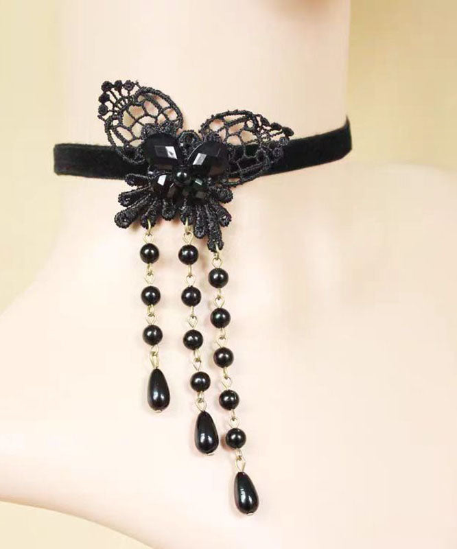 Fashion Black Copper Alloy Lace Butterfly Pearl Tassel Pendant Necklace