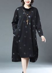 Fashion Black Dot Print Drawstring Patchwork Cotton Dresses Fall