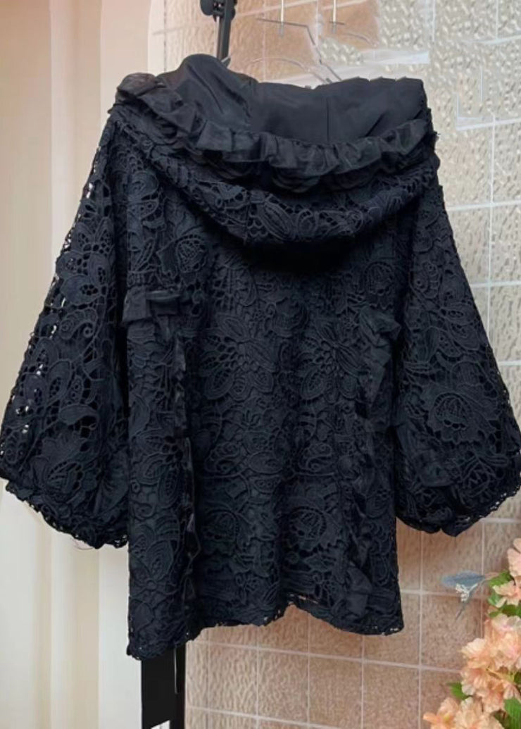 Fashion Black Embroidered Lace Hooded Coats Fall