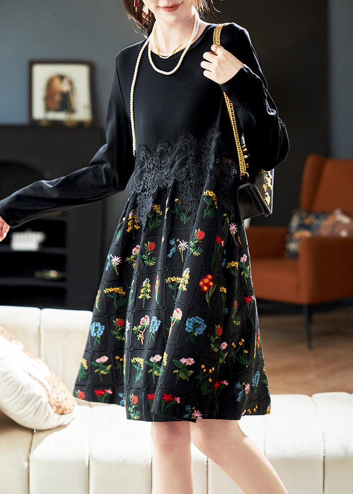 Fashion Black Embroidered Lace Patchwork Cotton Dress Spring