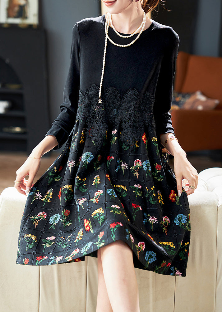 Fashion Black Embroidered Lace Patchwork Cotton Dress Spring