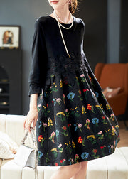 Fashion Black Embroidered Lace Patchwork Cotton Dress Spring